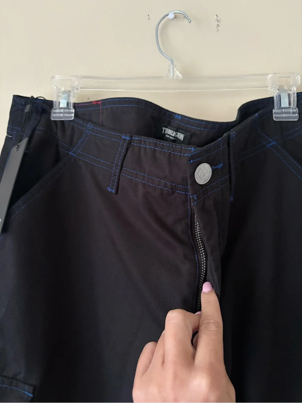 True Religion Black Cargo Pants with Blue Stitching Sz. 36 New